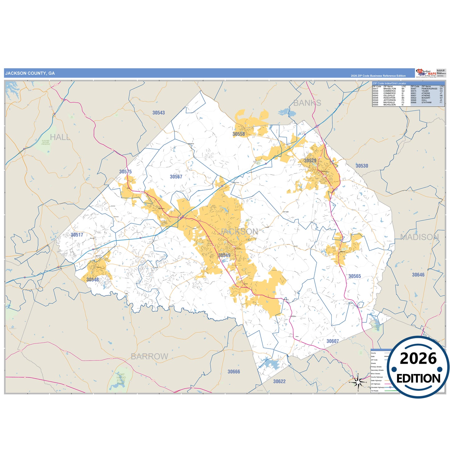 Jackson County, GA Business Reference 5 Digit ZIP Code Wall Map