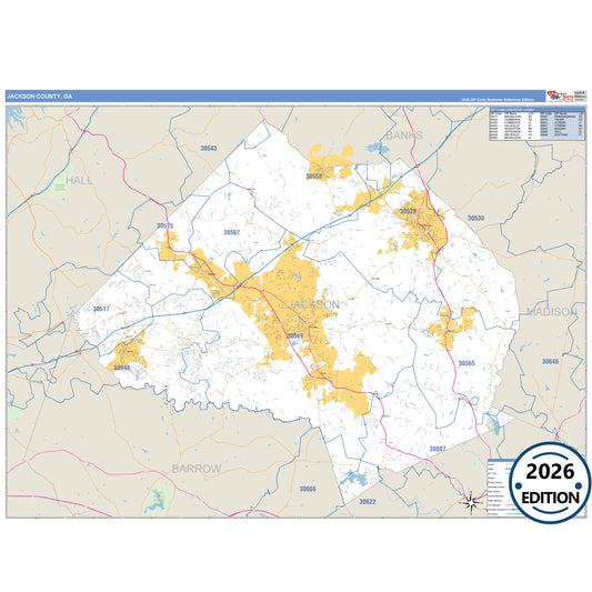 Jackson County, GA Business Reference 5 Digit ZIP Code Wall Map