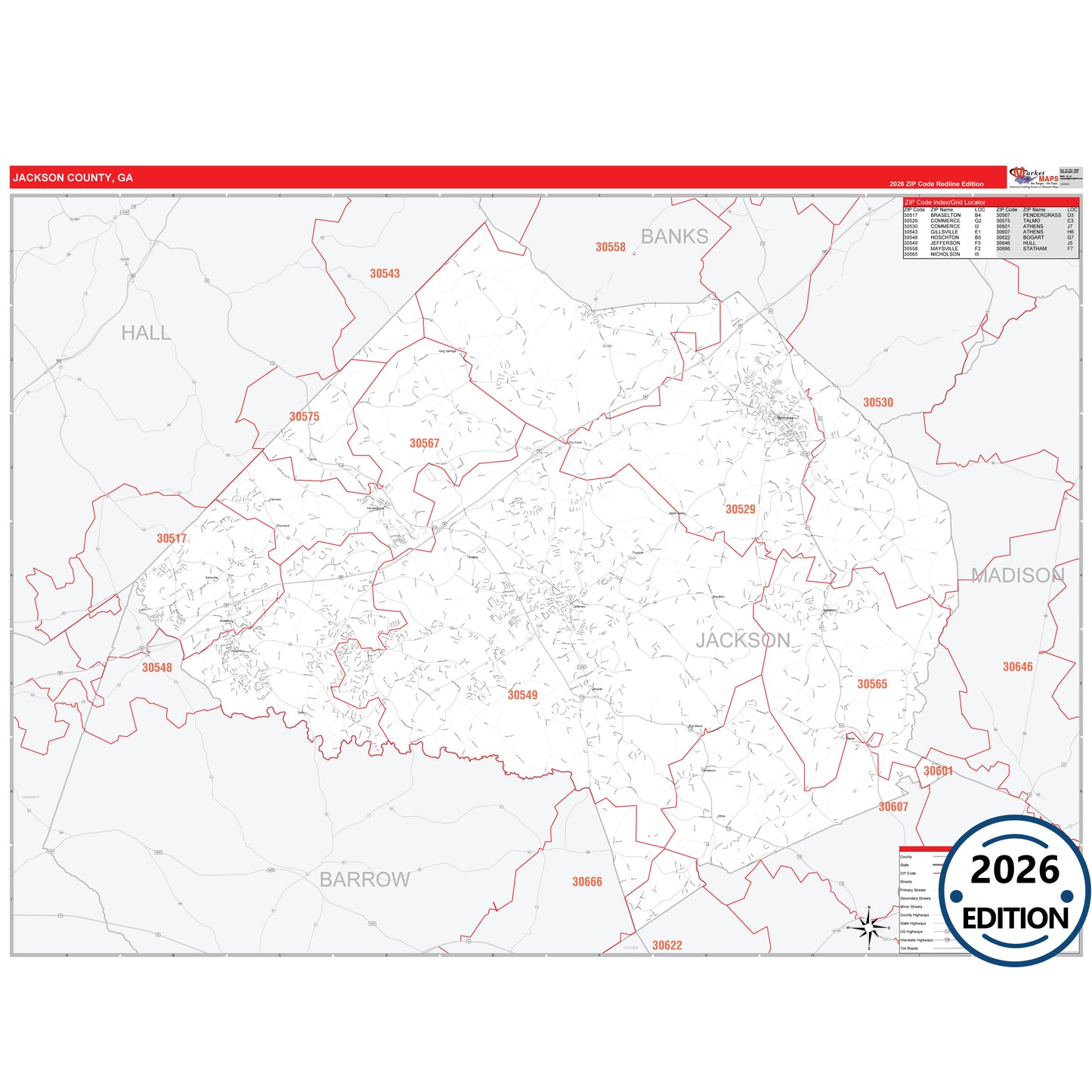 Jackson County, GA Red Line 5 Digit ZIP Code Wall Map