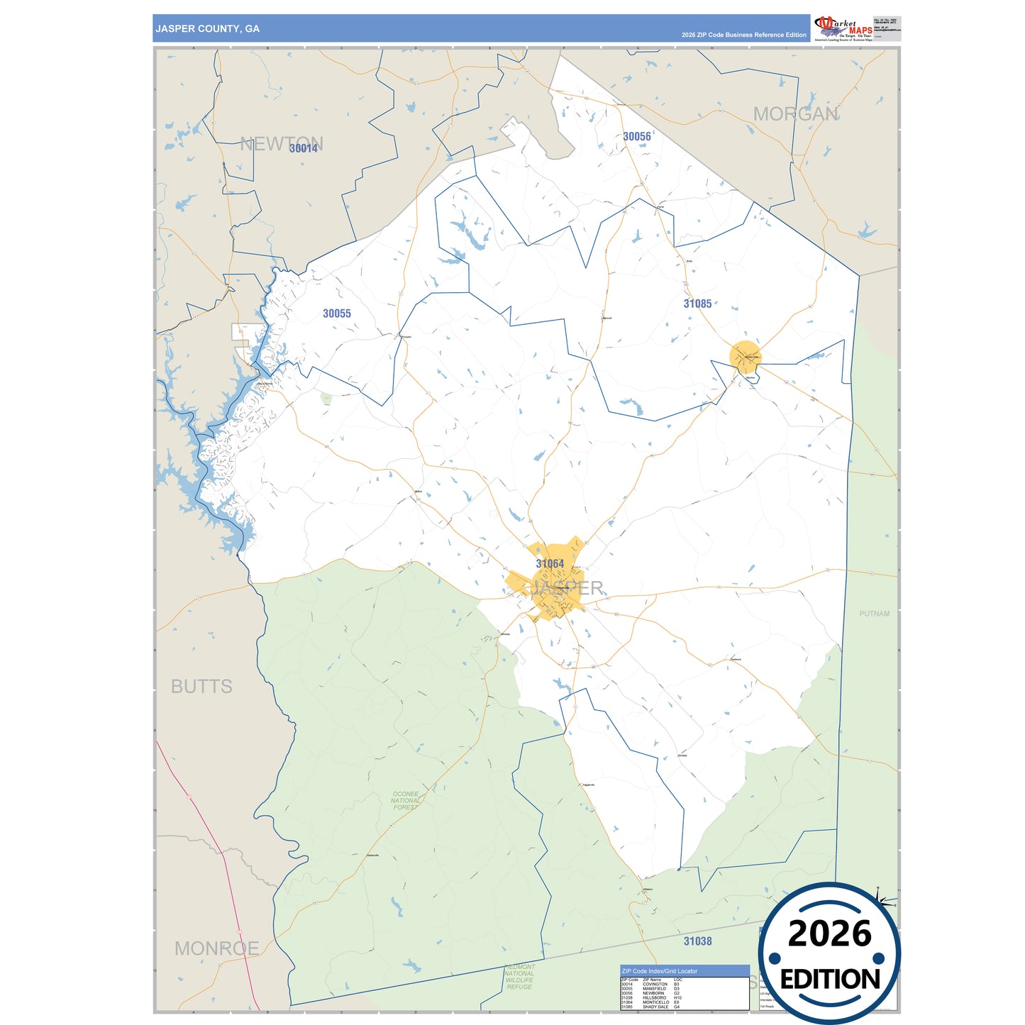 Jasper County, GA Business Reference 5 Digit ZIP Code Wall Map