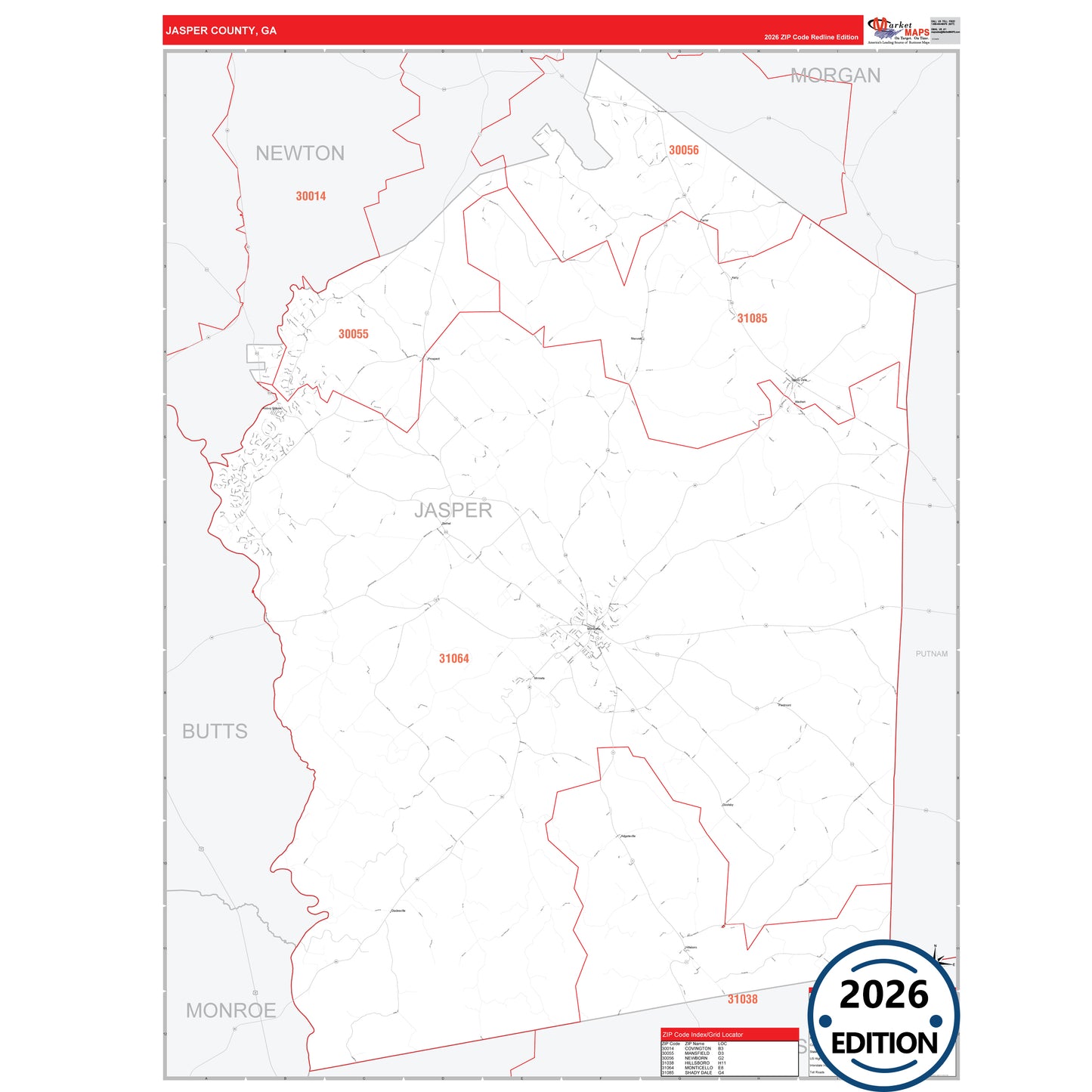Jasper County, GA Red Line 5 Digit ZIP Code Wall Map