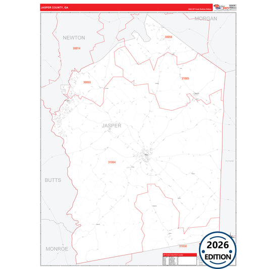 Jasper County, GA Red Line 5 Digit ZIP Code Wall Map