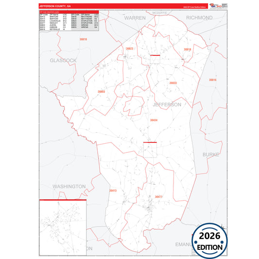 Jefferson County, GA Red Line 5 Digit ZIP Code Wall Map