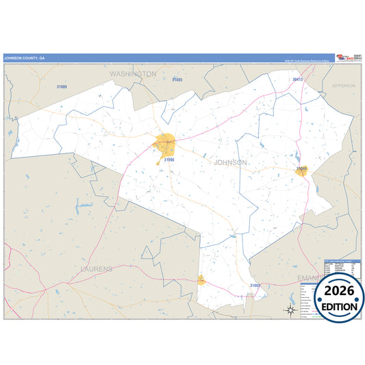 Johnson County, GA Business Reference 5 Digit ZIP Code Wall Map
