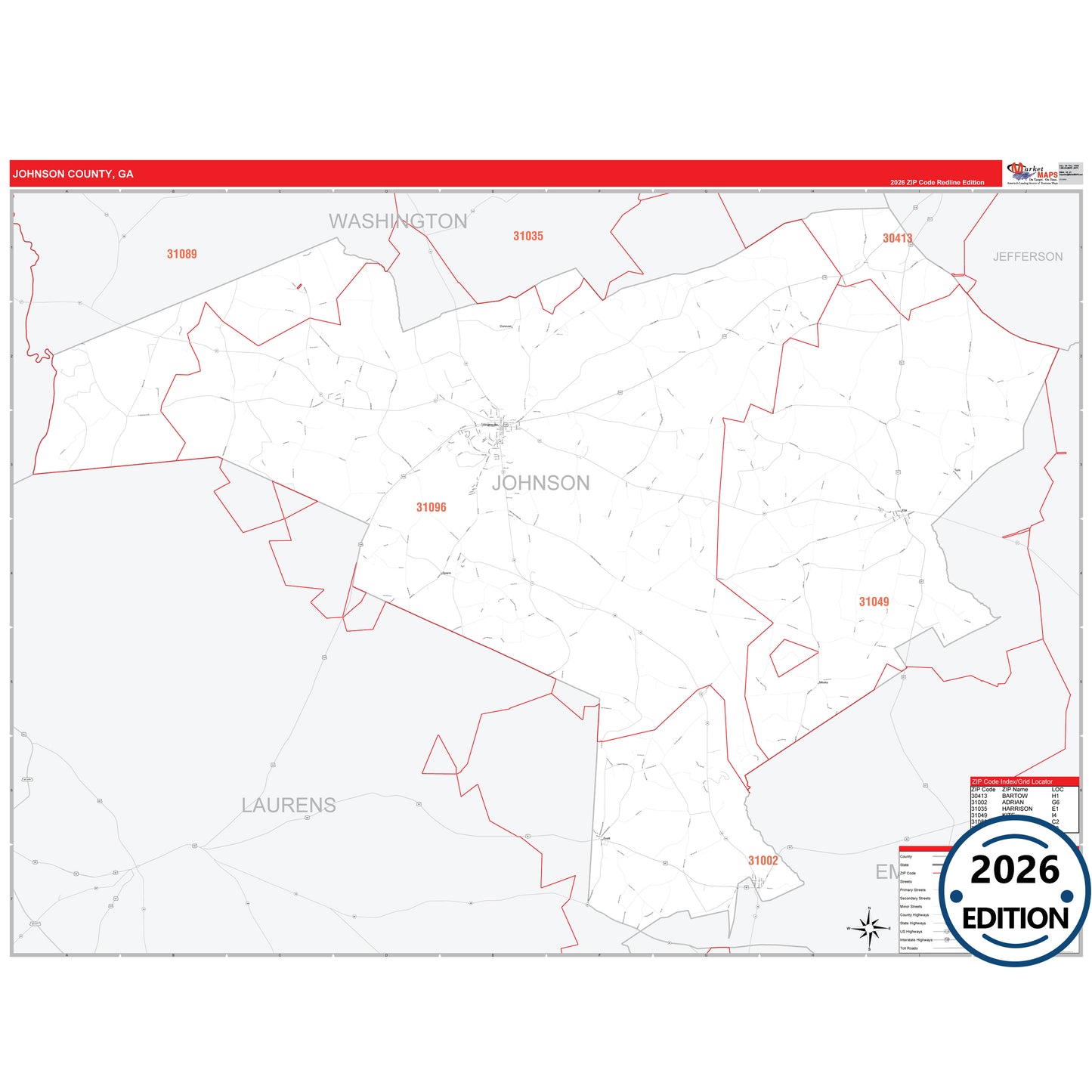 Johnson County, GA Red Line 5 Digit ZIP Code Wall Map