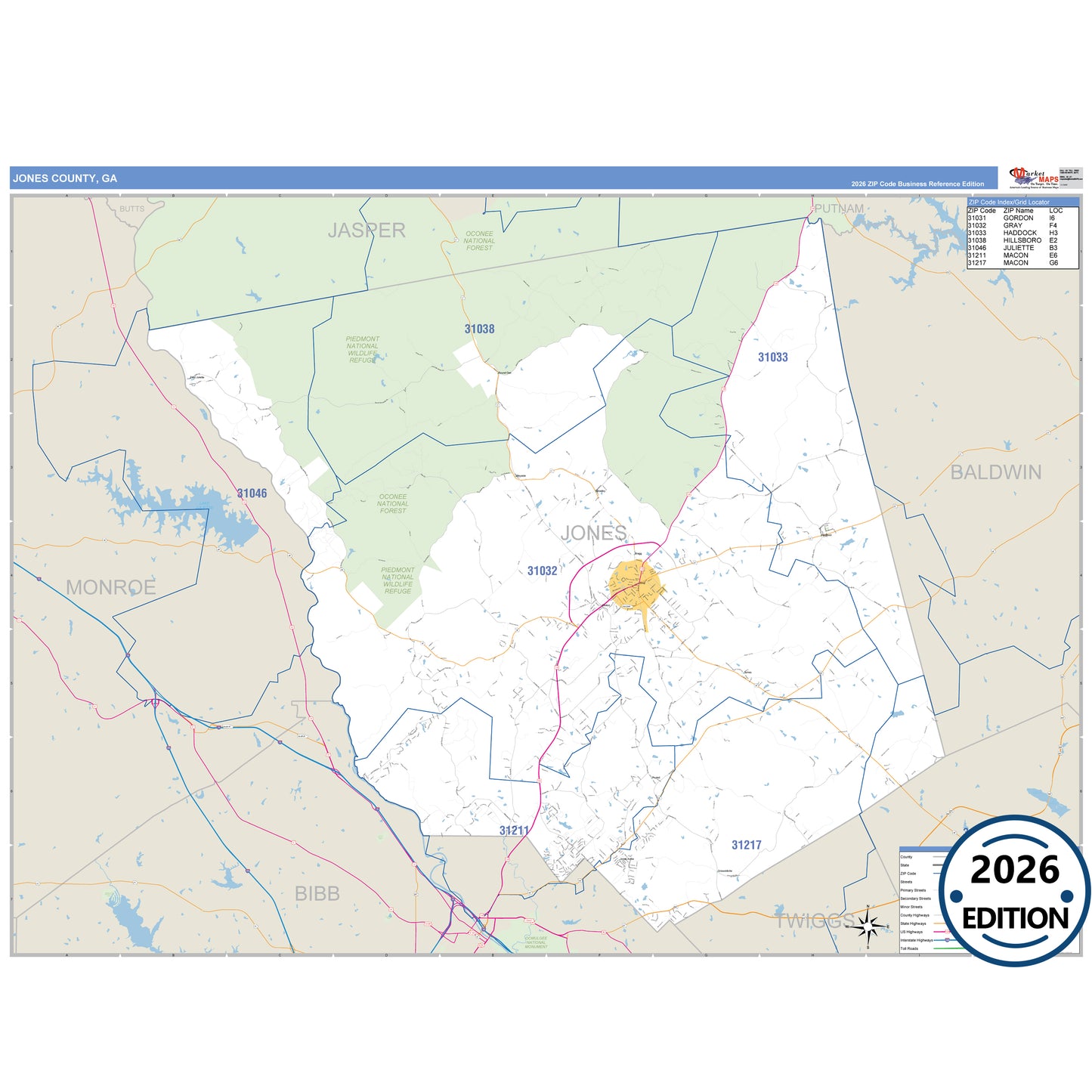 Jones County, GA Business Reference 5 Digit ZIP Code Wall Map