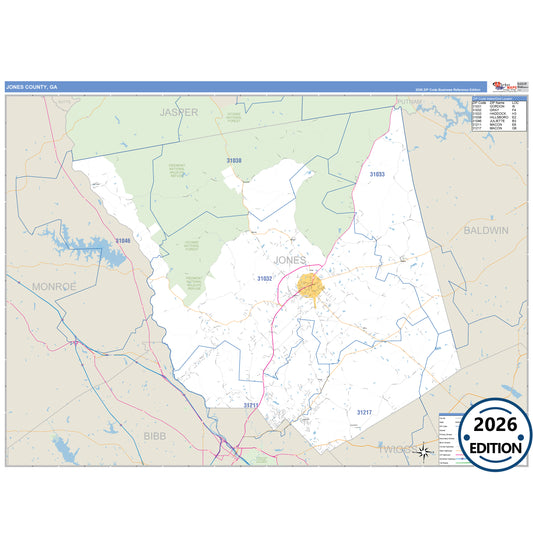 Jones County, GA Business Reference 5 Digit ZIP Code Wall Map