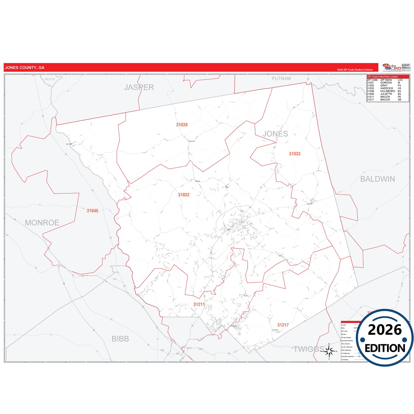 Jones County, GA Red Line 5 Digit ZIP Code Wall Map