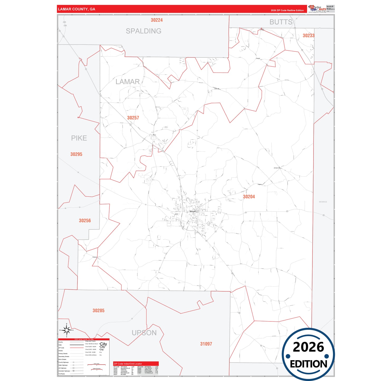 Lamar County, GA Red Line 5 Digit ZIP Code Wall Map