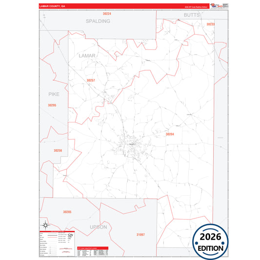 Lamar County, GA Red Line 5 Digit ZIP Code Wall Map