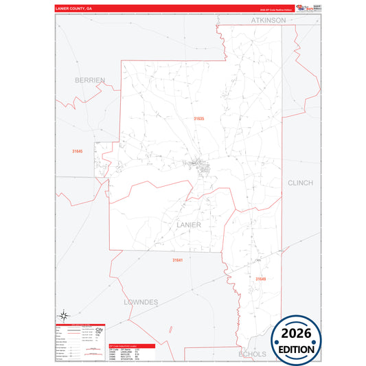 Lanier County, GA Red Line 5 Digit ZIP Code Wall Map