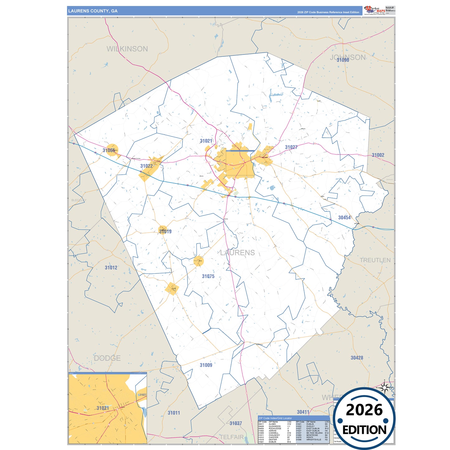 Laurens County, GA Business Reference 5 Digit ZIP Code Wall Map
