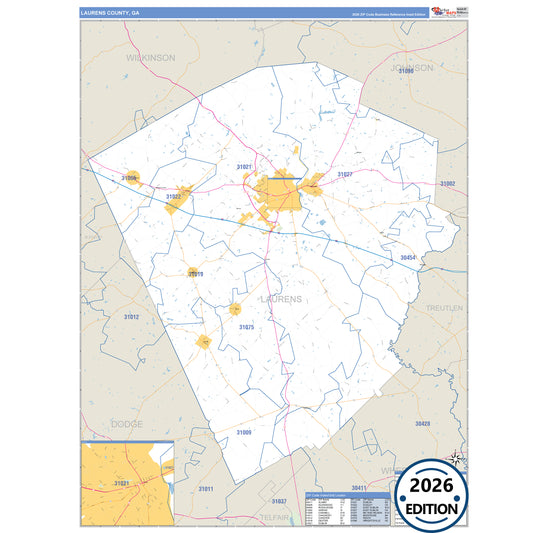 Laurens County, GA Business Reference 5 Digit ZIP Code Wall Map