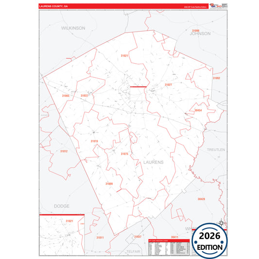 Laurens County, GA Red Line 5 Digit ZIP Code Wall Map