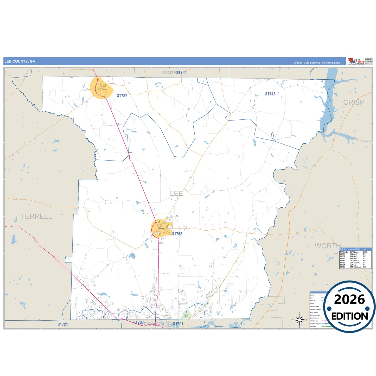 Lee County, GA Business Reference 5 Digit ZIP Code Wall Map