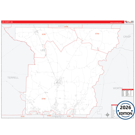 Lee County, GA Red Line 5 Digit ZIP Code Wall Map