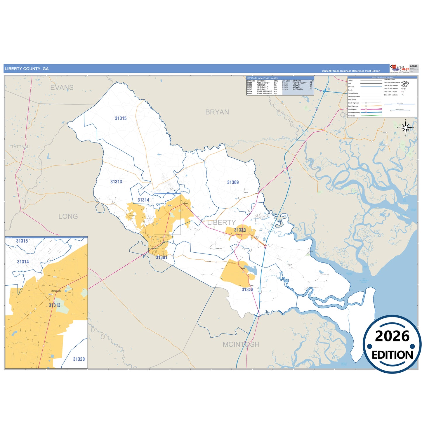 Liberty County, GA Business Reference 5 Digit ZIP Code Wall Map