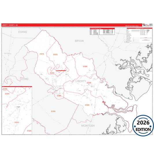 Liberty County, GA Red Line 5 Digit ZIP Code Wall Map
