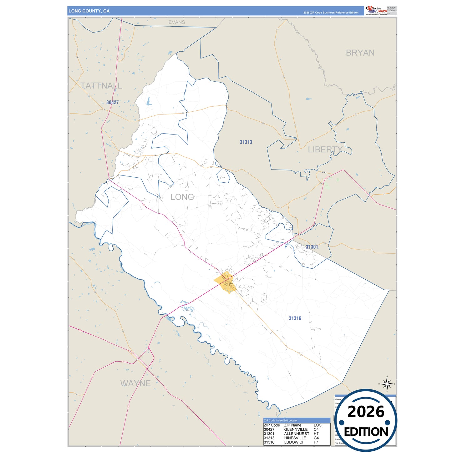 Long County, GA Business Reference 5 Digit ZIP Code Wall Map