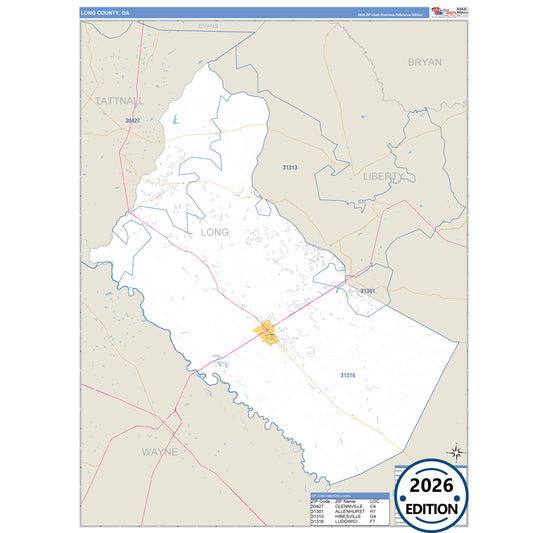 Long County, GA Business Reference 5 Digit ZIP Code Wall Map