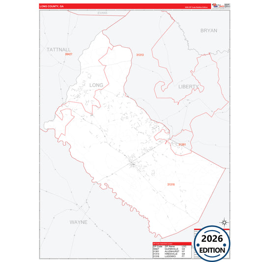 Long County, GA Red Line 5 Digit ZIP Code Wall Map