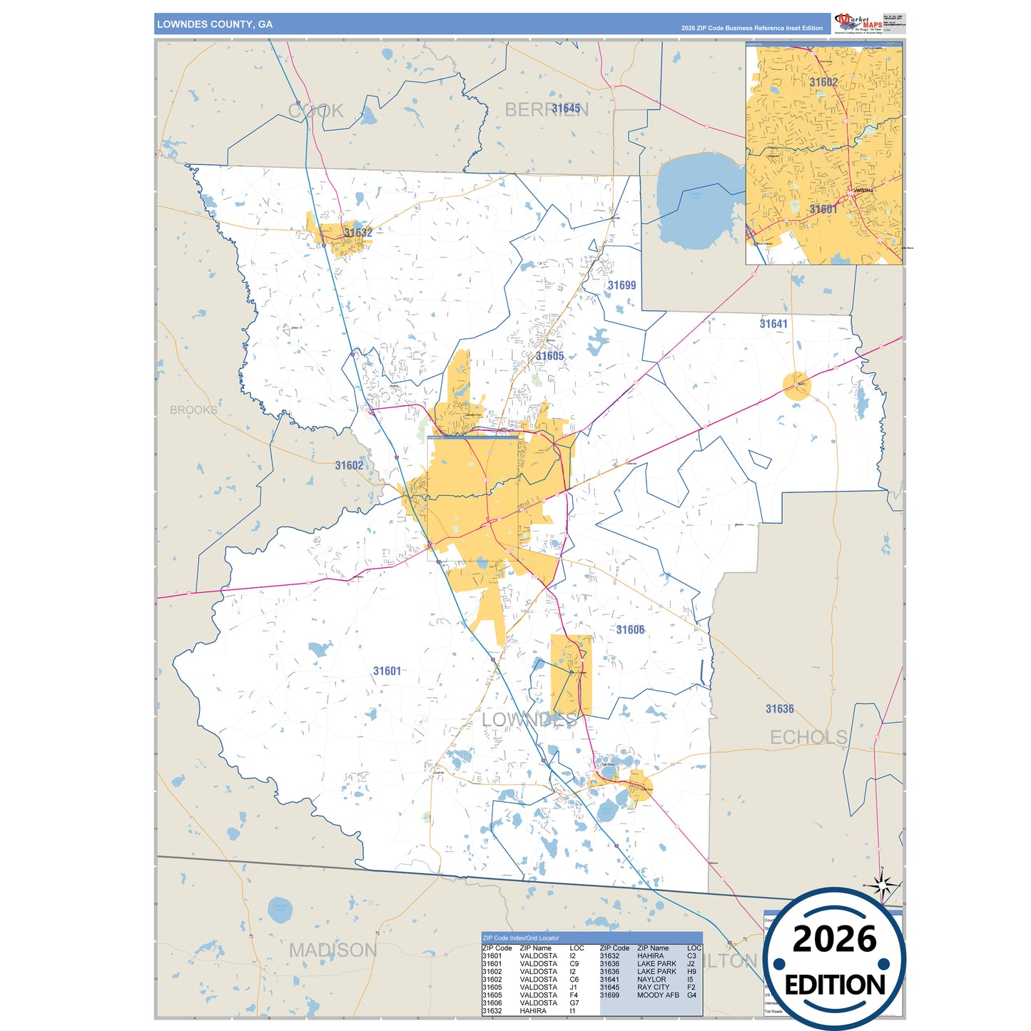 Lowndes County, GA Business Reference 5 Digit ZIP Code Wall Map