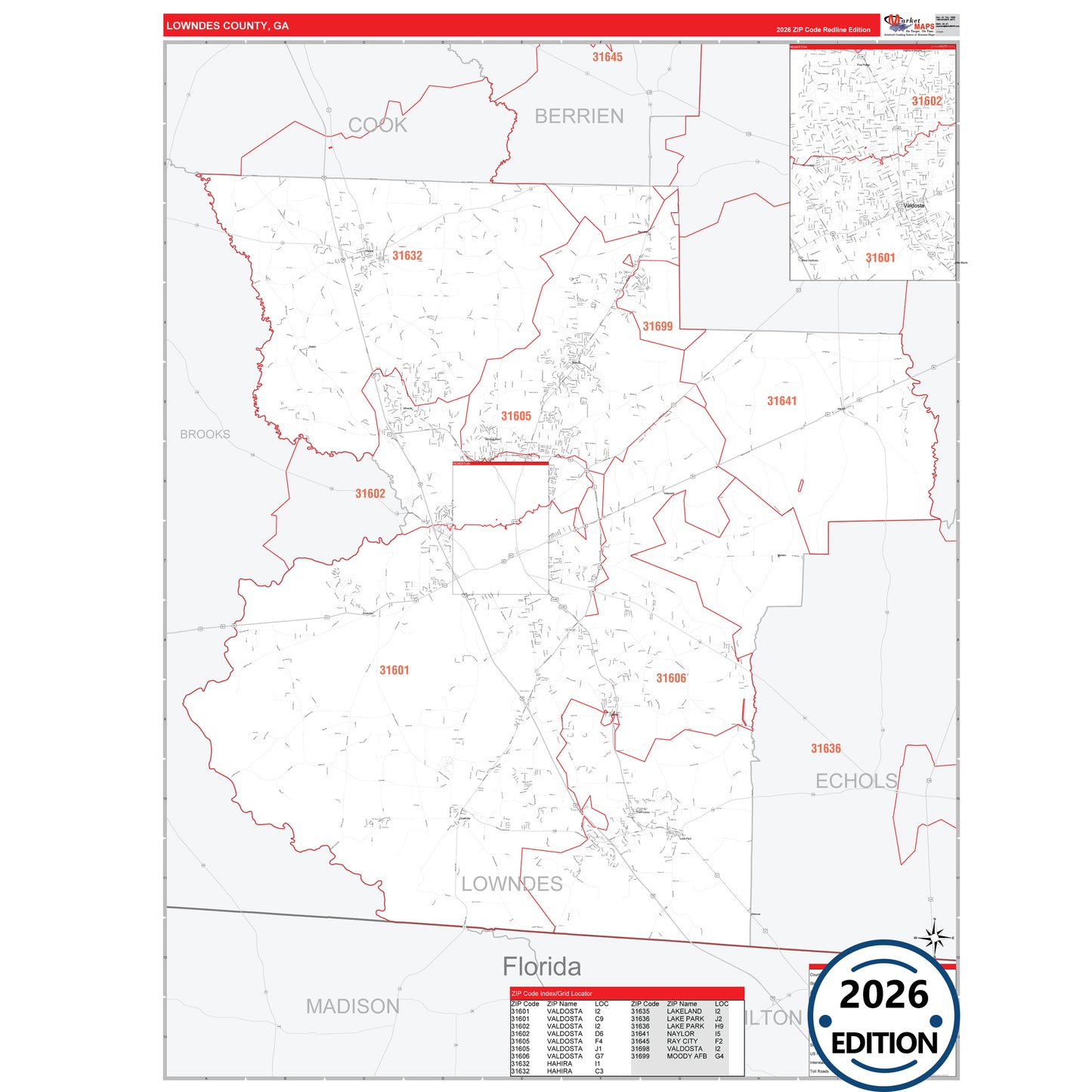 Lowndes County, GA Red Line 5 Digit ZIP Code Wall Map