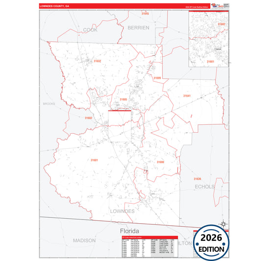 Lowndes County, GA Red Line 5 Digit ZIP Code Wall Map