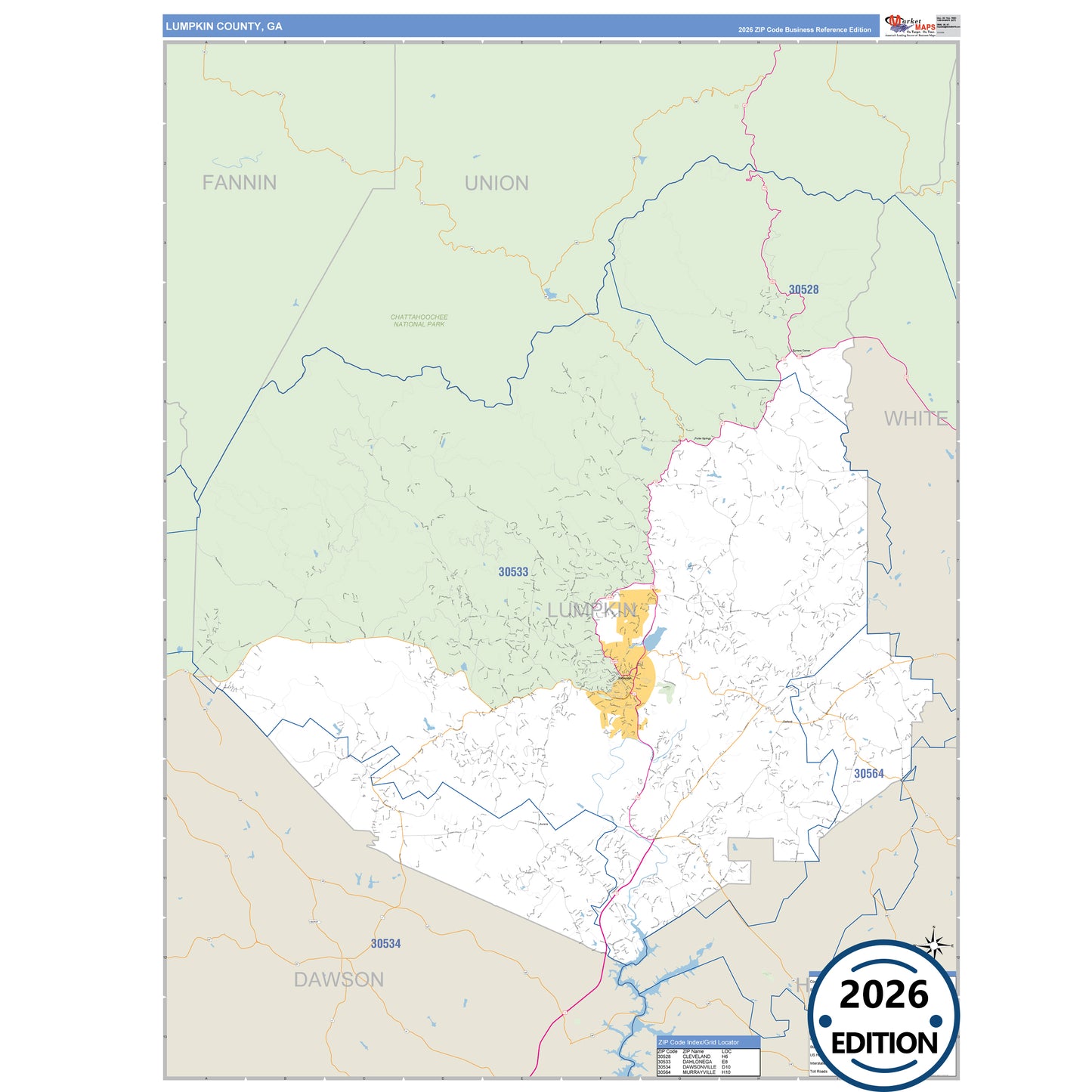 Lumpkin County, GA Business Reference 5 Digit ZIP Code Wall Map