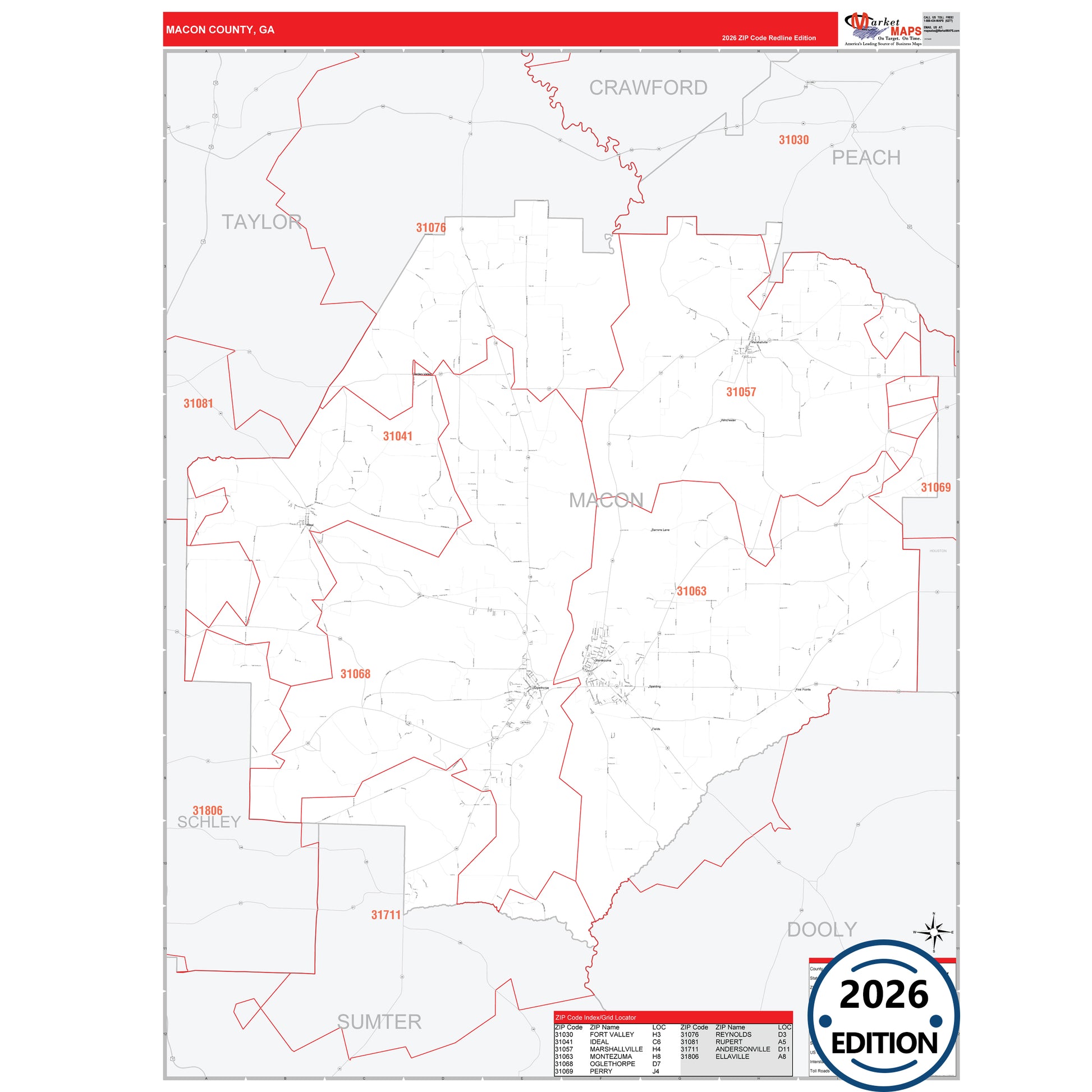 Macon County, GA Red Line map with detailed roads, cities, and ZIP code boundaries.