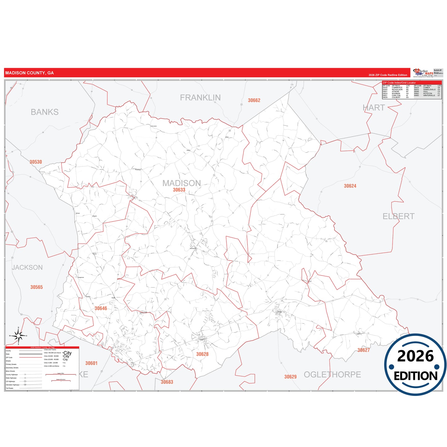 Madison County, GA Red Line 5 Digit ZIP Code Wall Map
