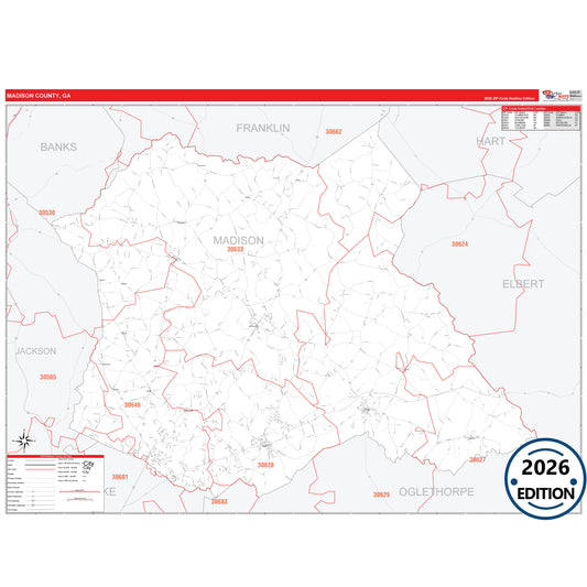 Madison County, GA Red Line 5 Digit ZIP Code Wall Map