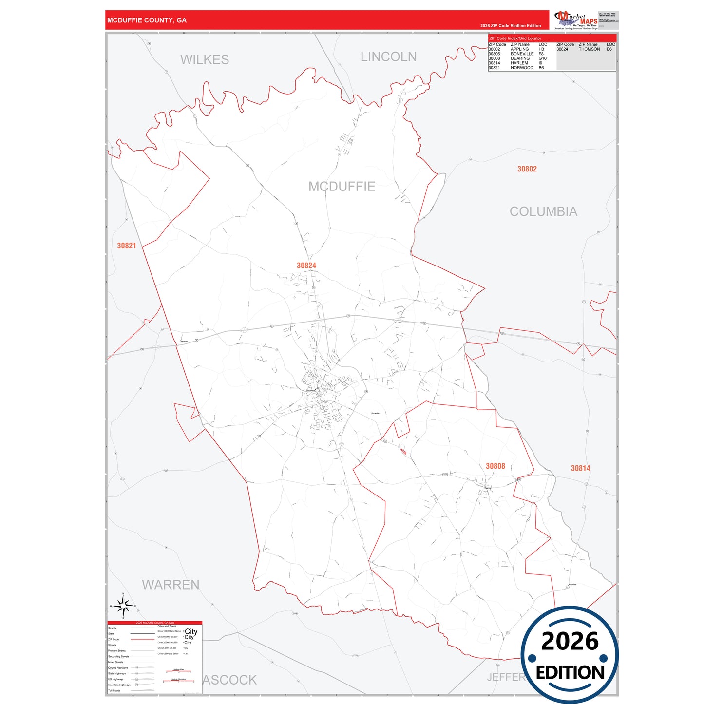 McDuffie County, GA Red Line 5 Digit ZIP Code Wall Map