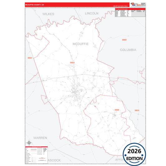McDuffie County, GA Red Line 5 Digit ZIP Code Wall Map