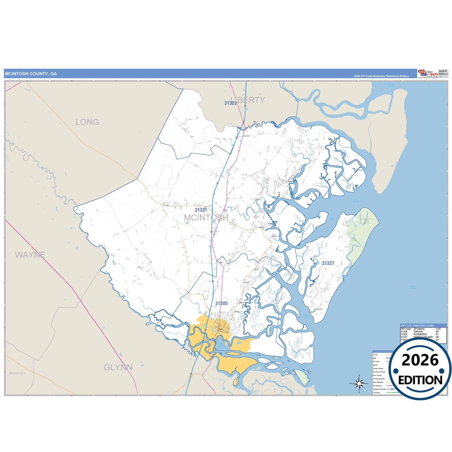 McIntosh County, GA Business Reference 5 Digit ZIP Code Wall Map