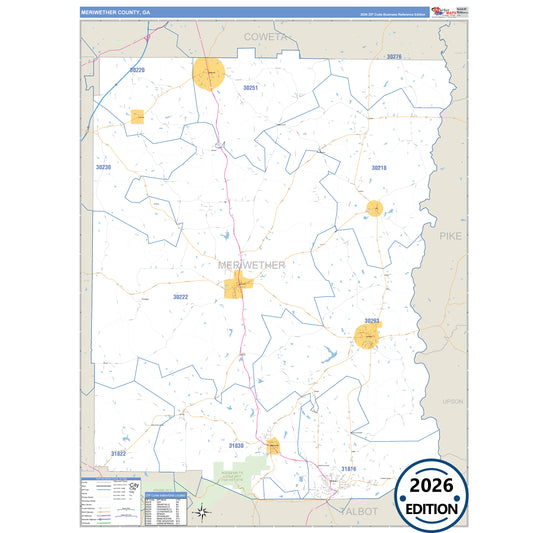 Meriwether County, GA Business Reference 5 Digit ZIP Code Wall Map