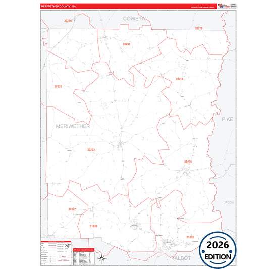 Meriwether County, GA Red Line 5 Digit ZIP Code Wall Map