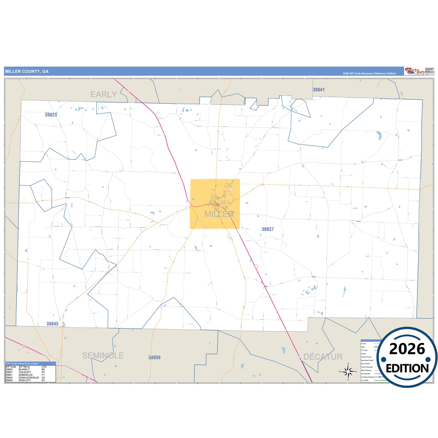 Miller County, GA Business Reference 5 Digit ZIP Code Wall Map