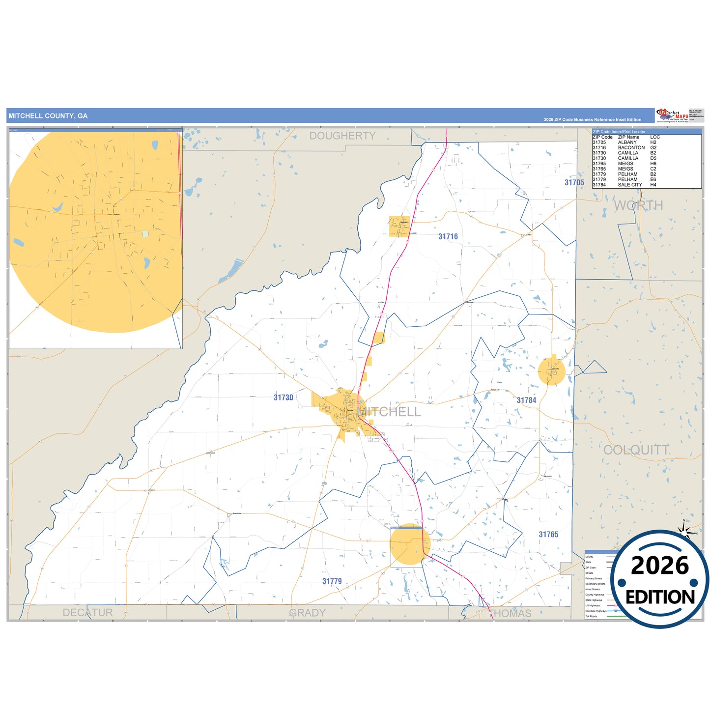 Mitchell County, GA Business Reference 5 Digit ZIP Code Wall Map