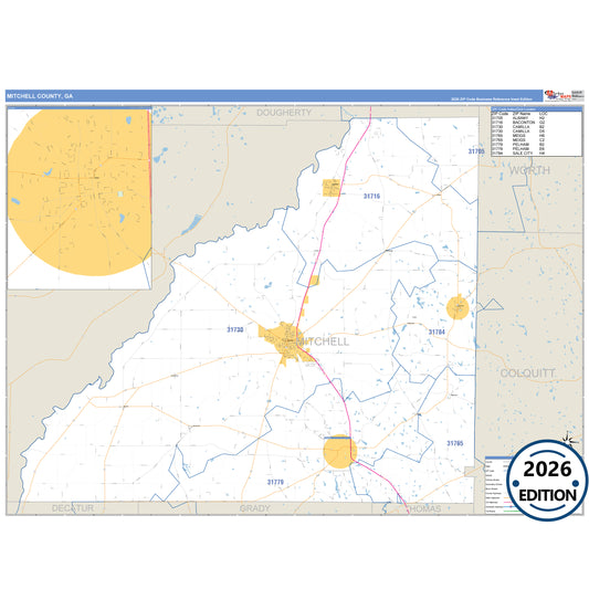 Mitchell County, GA Business Reference 5 Digit ZIP Code Wall Map