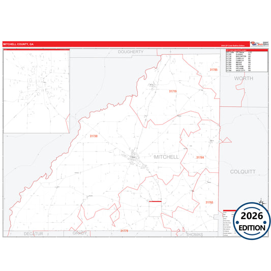 Mitchell County, GA Red Line 5 Digit ZIP Code Wall Map