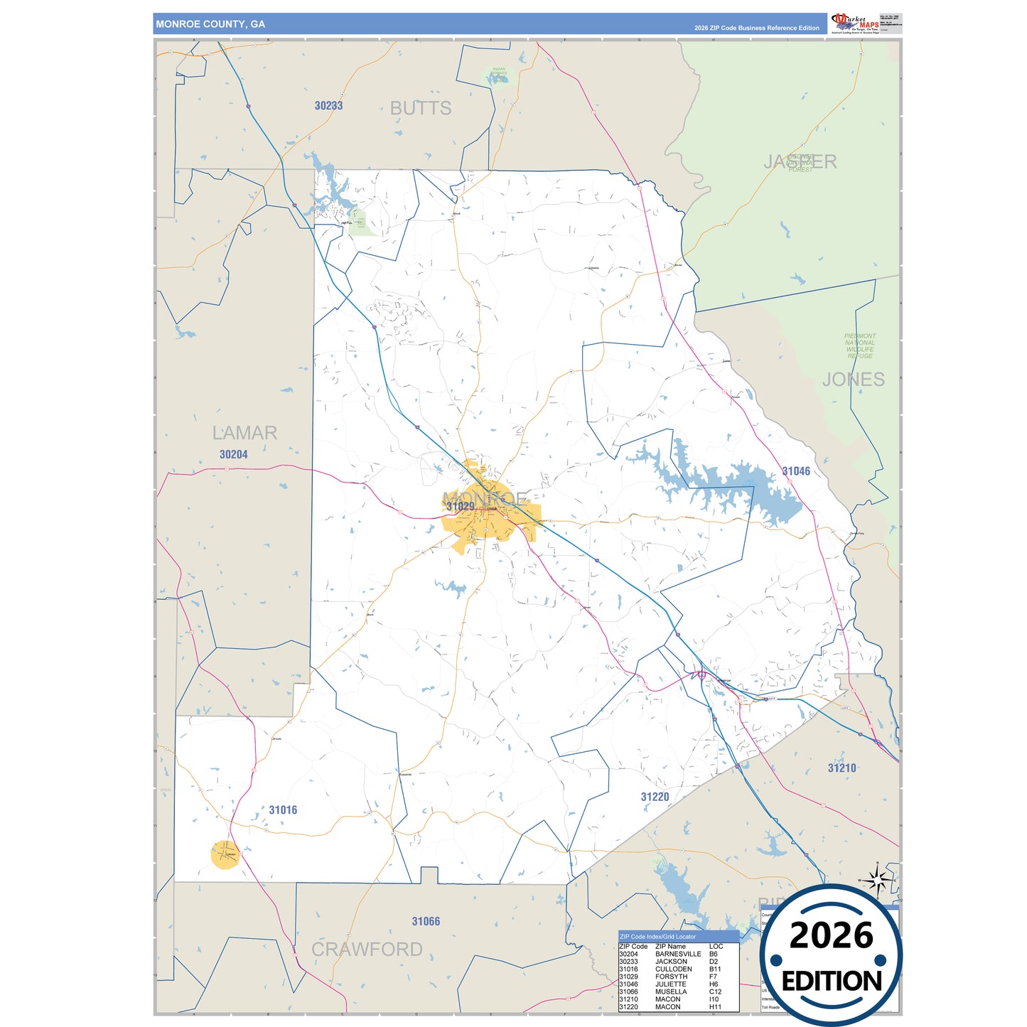 Monroe County, GA Business Reference 5 Digit ZIP Code Wall Map