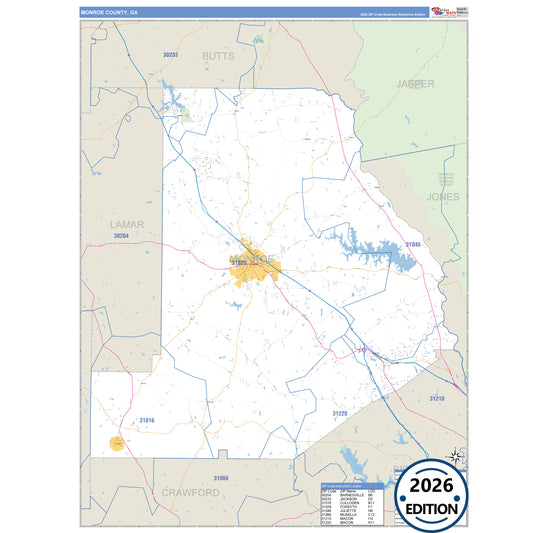 Monroe County, GA Business Reference 5 Digit ZIP Code Wall Map