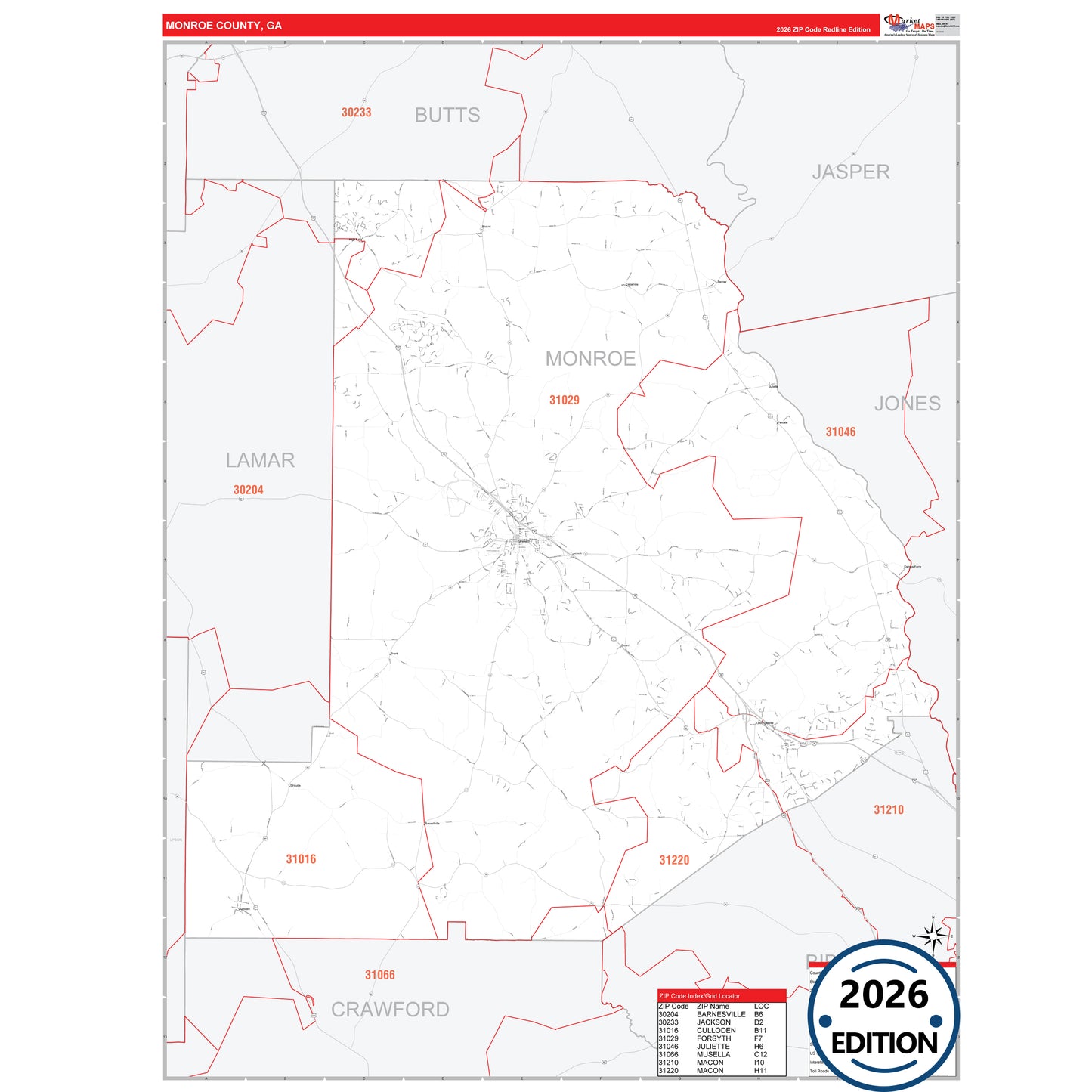 Monroe County, GA Red Line 5 Digit ZIP Code Wall Map