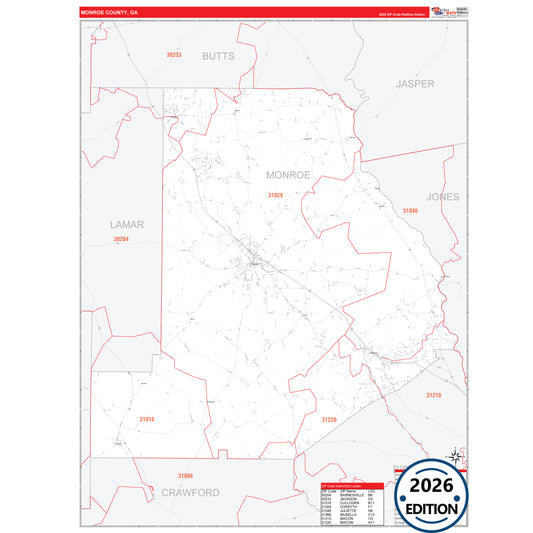 Monroe County, GA Red Line 5 Digit ZIP Code Wall Map
