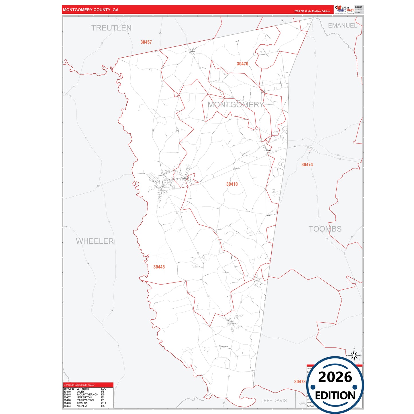 Montgomery County, GA Red Line 5 Digit ZIP Code Wall Map