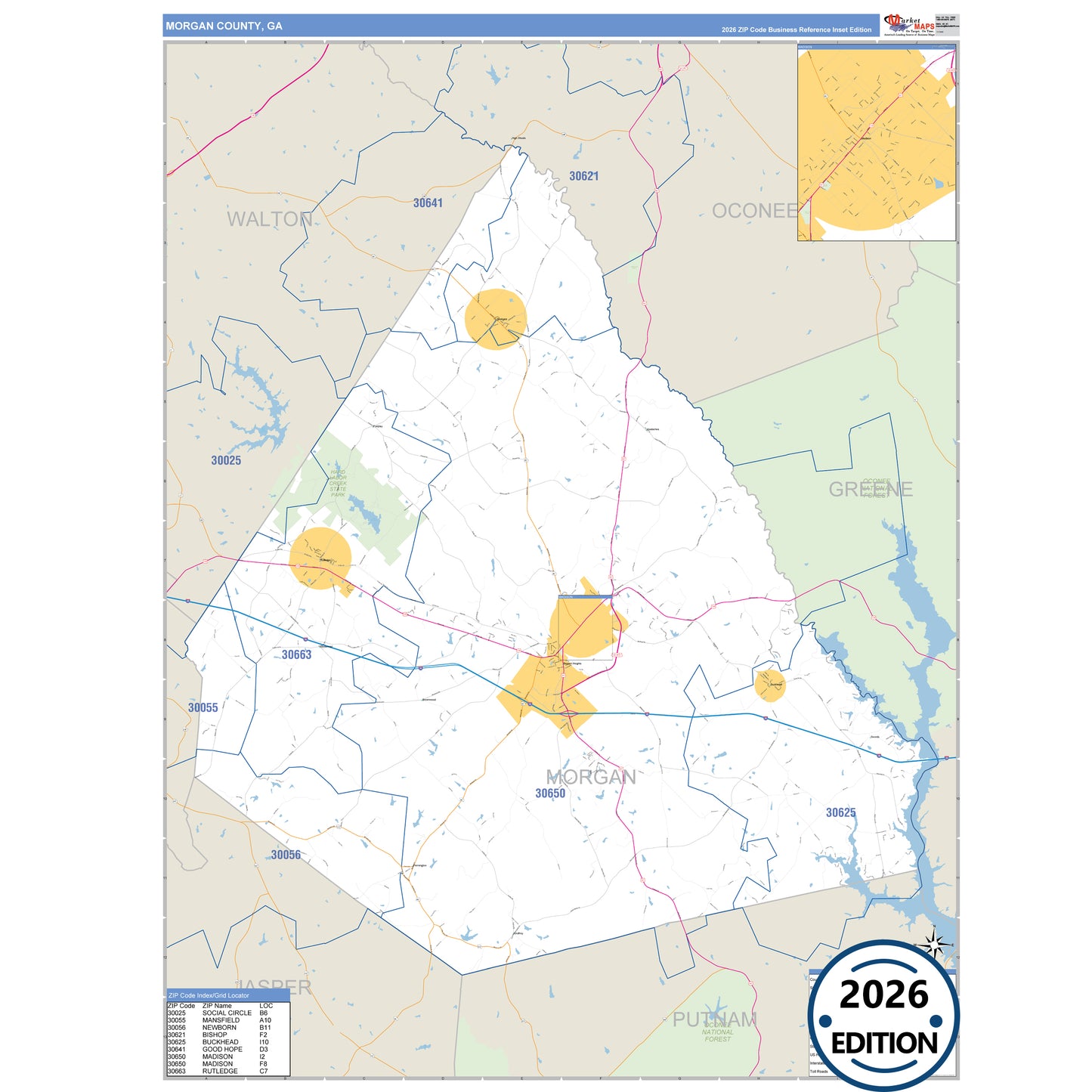 Morgan County, GA Business Reference 5 Digit ZIP Code Wall Map