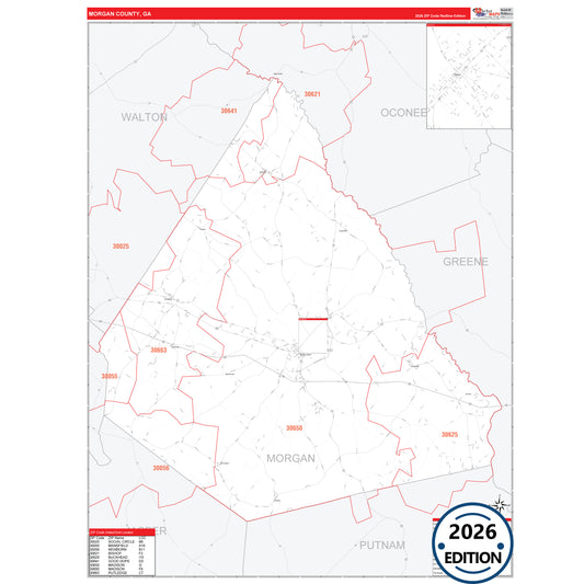 Morgan County, GA Red Line 5 Digit ZIP Code Wall Map