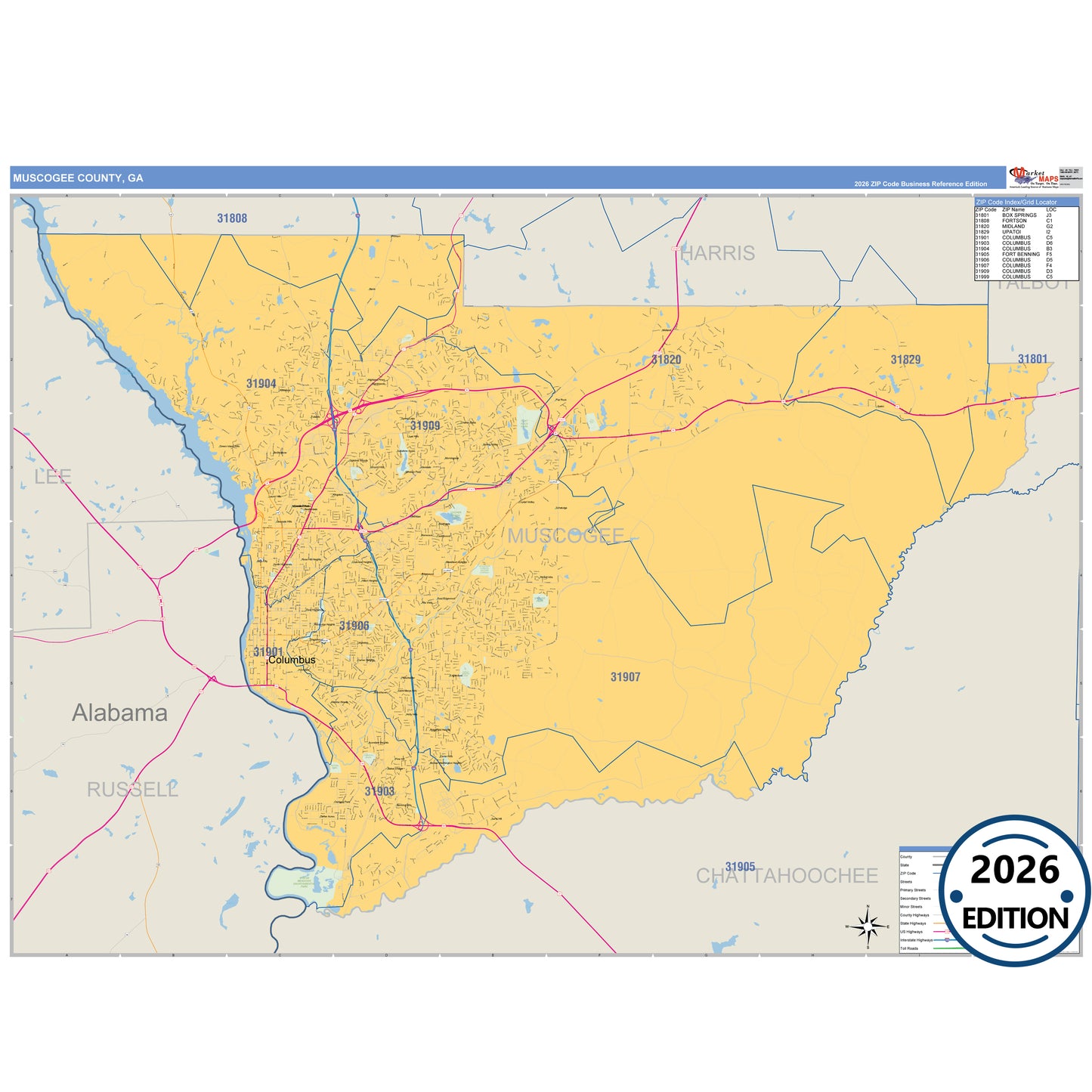 Muscogee County, GA Business Reference 5 Digit ZIP Code Wall Map
