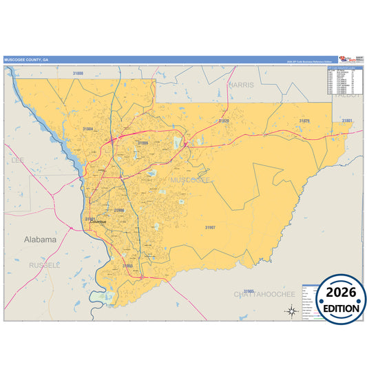 Muscogee County, GA Business Reference 5 Digit ZIP Code Wall Map